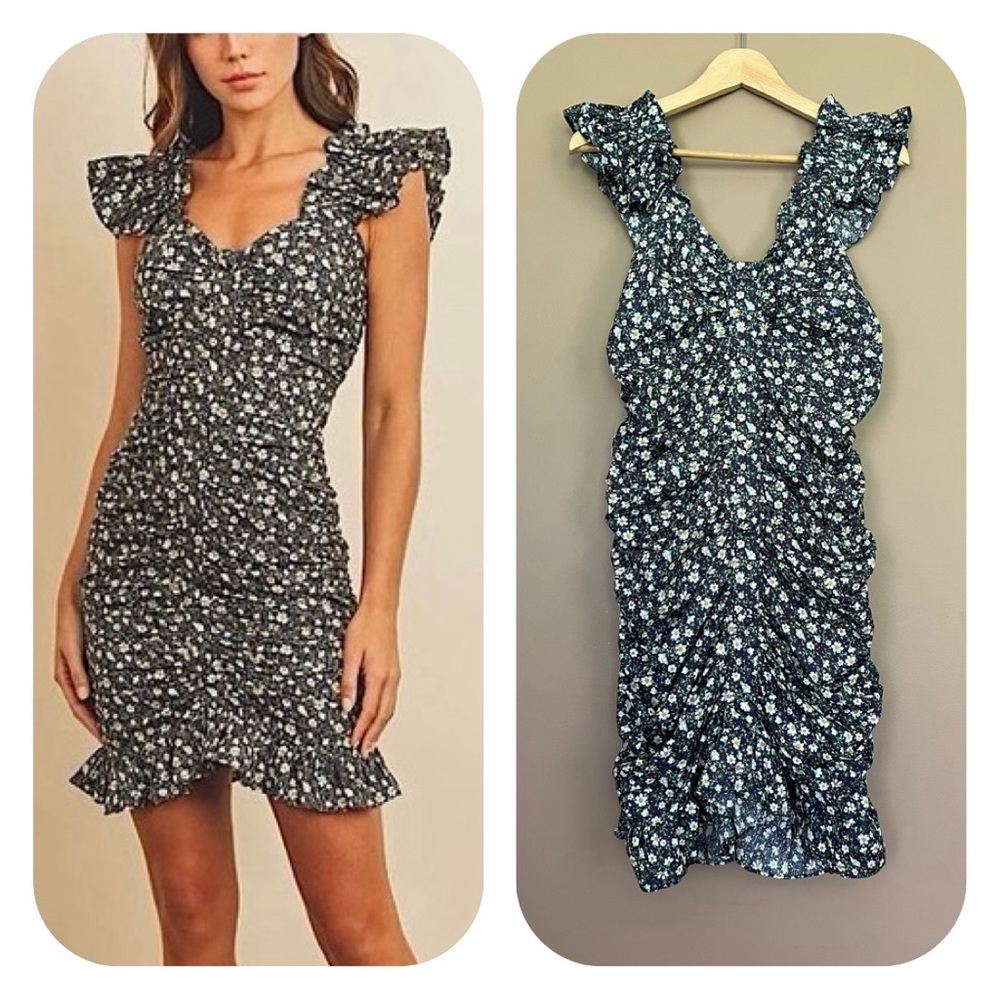 {The Native One} Daisy Ruched Mini Dress with Ruffle Sleeves & Hem - Large - NWT